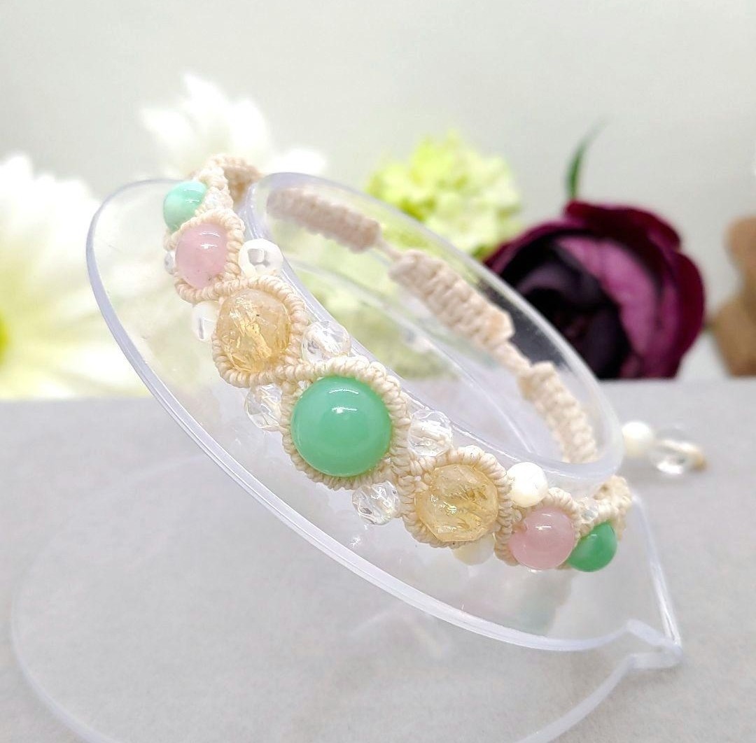 Natural stone macrame bracelet ◆ Chrysoprase ◆ Citrine ◆ Rose quartz etc., Handmade, Accessories (for women), others