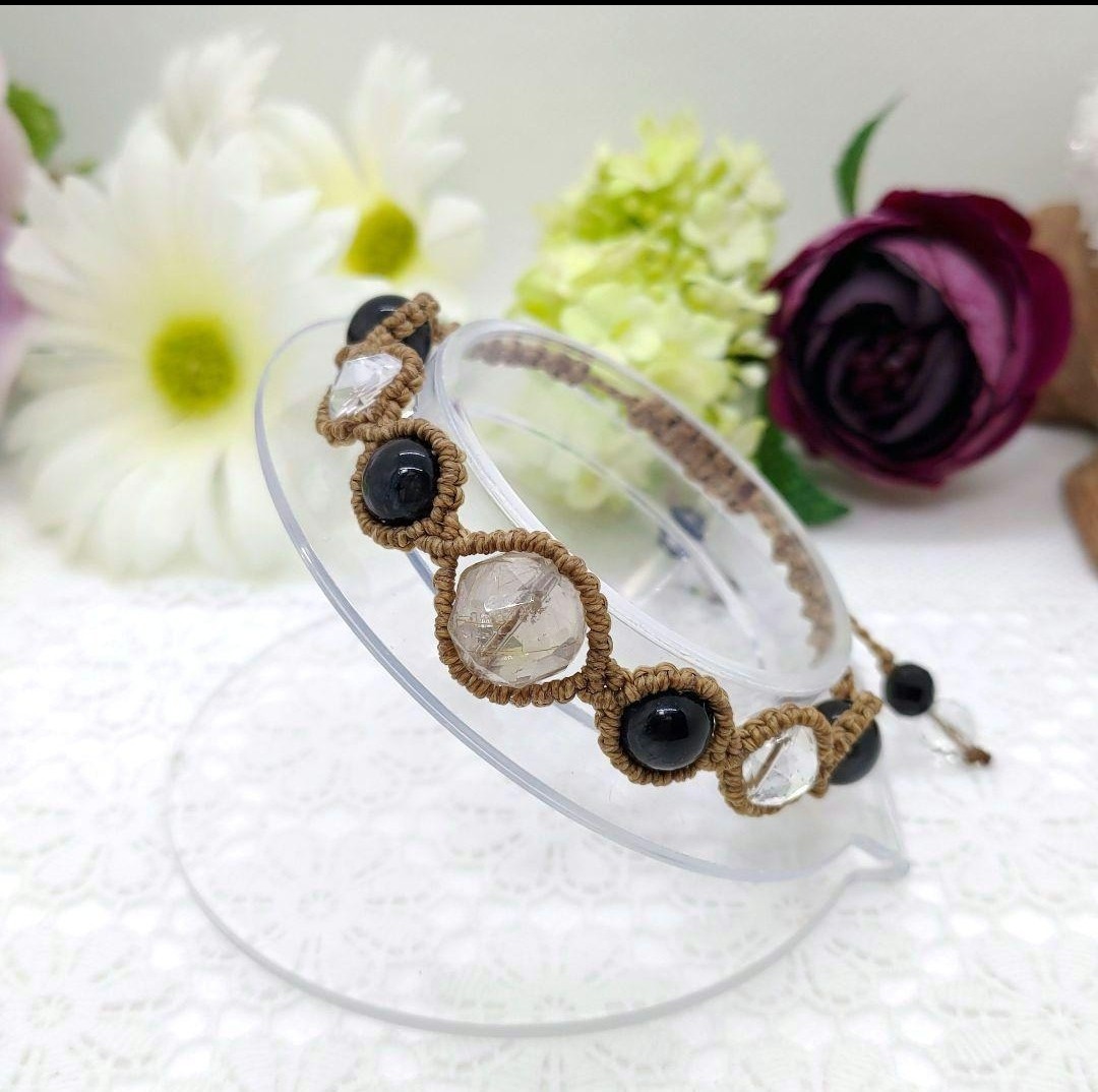 Makramee-Armband aus Naturstein ◆ Goldrutilquarz ◆ Falkenauge ◆ Kristall, Handgefertigt, Accessoires (für Damen), Andere