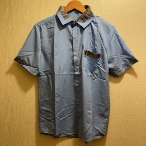 新品★ライトブルー★ブラウン系チェック襟★メンズシャツ★ブラウス★L半袖シャツ