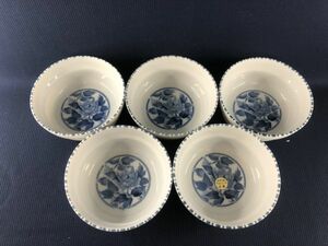 未使用品★ 藍染風 花柄 小鉢 ５客 セット 箱あり管理1804 J-4