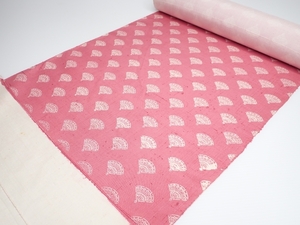 E138　反物/生地　小紋 扇模様 真緒色 絹 和装着物/昭和レトロ Japanese Kimono Silk fabric
