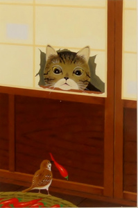 可愛い猫の画家　滝かつとし　猫の額付ミニアート「「留守番…なの」キジトラ猫　生産終了品、在庫限りです。