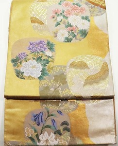 訪問着用 袋帯 金箔 花瓶 菊 牡丹 百合 荒波 F5437 新品 Lサイズ レディース シルク オールシーズン 入学式 卒業式 公式行事 送料無料