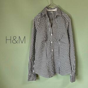 ◎H&M　ストライプ柄シャツ　長袖シャツ　ブラウス　スキッパーシャツ　EUR32　Sサイズ相当　黒×白色