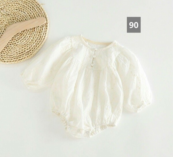 【新品未使用】ホワイト アイボリー 刺繍 レース ロンパース 90 韓国子供服