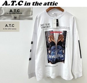 未使用品 /M/ ATC in the attic ホワイト ロンティ 長袖Tシャツ プリント ストリート カジュアル メンズ レディース タグ インジアティック