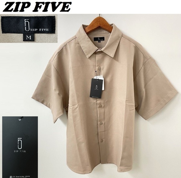 未使用品 /M/ ZIP FIVE ベージュ 半袖カラーシャツ メンズ レディース ストレッチ 無地 ルーズシルエット カジュアル タグ ジップファイブ