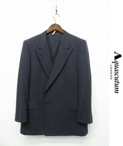 N238/美品 Aquascutum ダブルジャケット テーラードジャケット ブレザー ストライプ 総裏 サイドベンツ ウール AB6 L ブルー系