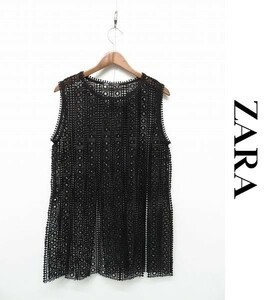 A238/美品 ZARA ノースリーブカットソー タンクトップ レース スリット シースルー L 黒 Y2K モード