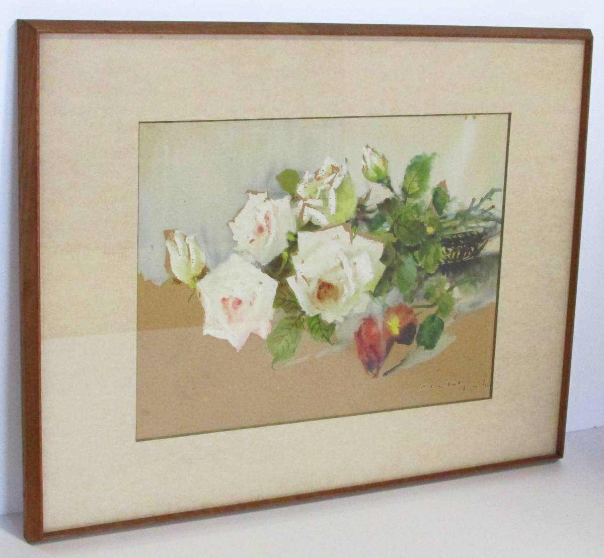 ○Seiga○ Ehrenmitglied der Japan Watercolor Painting Society, Mano Kitaro, Aquarell Rose Blume gerahmt 1947 Arbeit 5-Größe groß Echtheit garantiert, Malerei, Aquarell, Stillleben