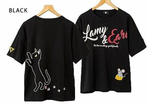 ラミ＆アール 何かが気になるTシャツ◆LIN ブラックMサイズ AL-75064 黒猫 ねこ ネコ ネズミ 鼠 刺繍 和柄