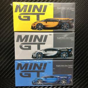 新品未開封 MINI GT 1/64 ブガッティ ビジョングランツーリスモ 3台セット (イエローシルバーライトブルー) Bugatti Vision Gran Turismo