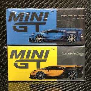 新品未開封 MINI GT 1/64 ブガッティ ビジョングランツーリスモ 2台セット (イエロー・ライトブルー) Bugatti Vision Gran Turismo