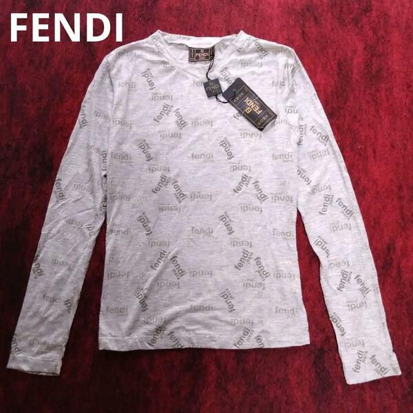 新品 FENDI 薄手 長袖 カットソー 38 Tシャツ グレー ロゴ 長期保管 Brandnew UNUSED long-sleeved T-shirt LOGO　Vネック