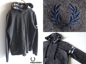 FRED PERRY フレッドペリー ローレル刺繍 チェックテープ ダブルジップ スウェットパーカー ジップパーカ L チャコールグレー