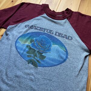 80'S ビンテージ★GRATEFUL DEAD グレイトフル・デッド★七分袖 ラグラン ベースボール Tシャツ/杢グレー×エンジ Sサイズ/バンド ツアー