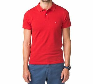USA限定 「L」 Tommy トミーヒルフィガー CUSTOM FIT カスタムフィット ワンポイント フラッグ POLOシャツ ポロシャツ 綿100% 赤 レッド