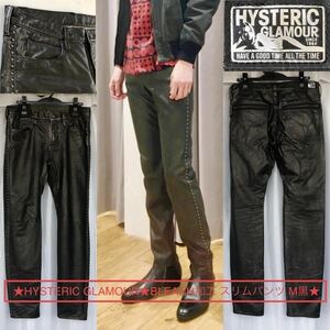 レア品★BLEACH加工 スリムパンツ HYSTERIC GLAMOUR★M黒 フェイクレザーパンツ ボトムス スタッズ ロック ヒス HG ヒステリックグラマー