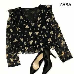 【送料無料】ZARA ザラ★花柄 長袖ブラウス 肩フリル レース付き ブラック 黒