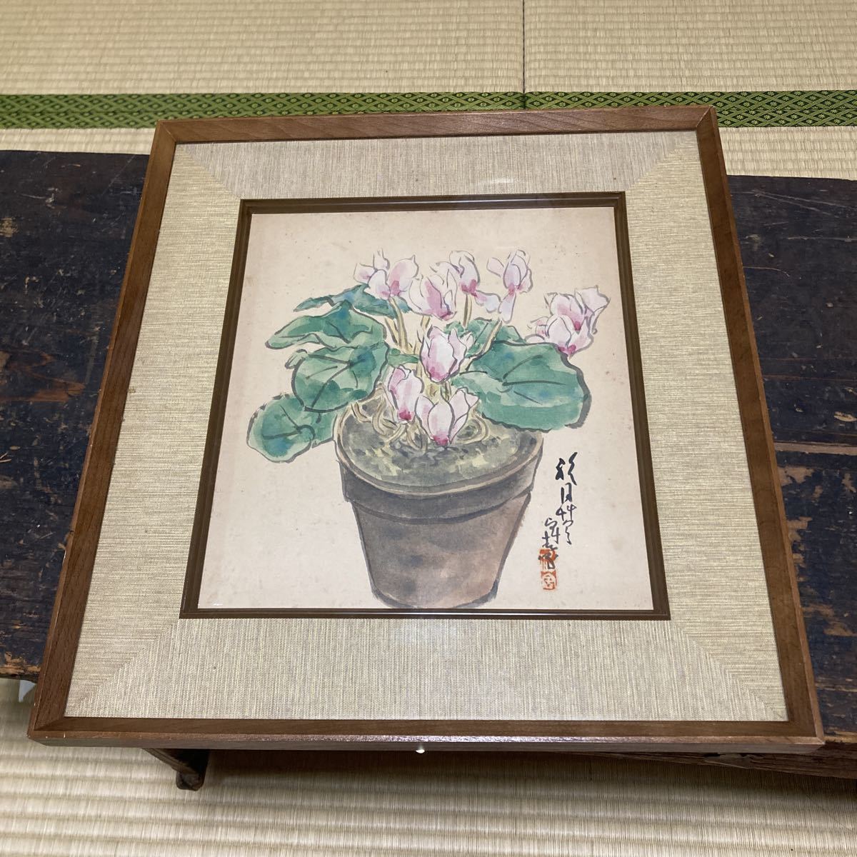 詳細不明 日本画 肉筆 サインあり 花の絵 絵画 額寸 40cm x 36.5cm 古画 コレクション 整理品, 絵画, 日本画, 花鳥, 鳥獣
