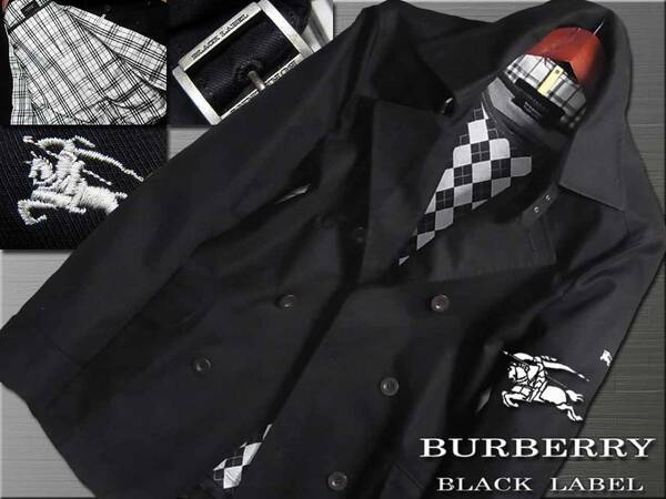 極上傑作！ショートトレンチコート ブラック ナイト刺繍入 総裏地　サイズM▼バーバリーブラックレーベル BURBERRY BLACK LABEL