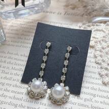 ラインストーンピアス　パール　一粒　シルバー☆vintage jewelry accessories 0911_画像1