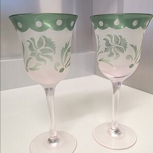 ワイングラス 手作り 緑ピンク サンドブラスト