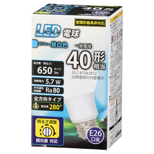 LED電球 E26 40形相当 全方向 調光器対応 昼白色_LDA6N-G/D G11 06-1872 オーム電機