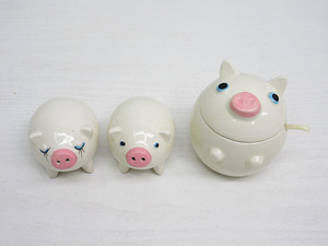 *YC7143 pig seasoning container 3 point set spoon attaching ceramics cover thing Japanese-style tableware Japanese style Showa Retro free shipping *