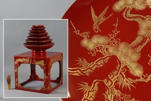 時代漆器 蒔絵松竹梅鶴亀 盃台 七ッ盃 共箱 細密細工 古美術品[b354]