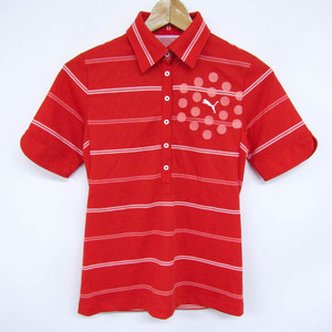 プーマ 半袖ポロシャツ ボーダー柄 胸ロゴ ゴルフウェア トップス レディース Mサイズ レッド PUMA