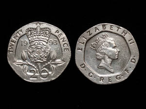 【イギリス】 1993年 20 ペンス　白銅貨　エリザベス2世女王　イングランド　薔薇　ローズ