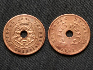 【南アフリカ】 1/2 ハーフペニー 1943年 ローデシア ジョージ6世　チューダーローズ　クラウン 銅貨　Half Penny