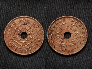 【南アフリカ】 1 ペニー 1950年 南ローデシア ジョージ6世　チューダーローズ　クラウン 銅貨　Penny