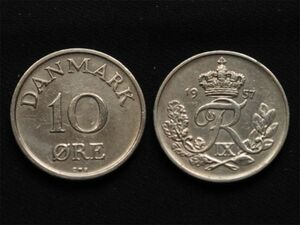 【デンマーク】 10オーレ Ore 1957年 白銅貨