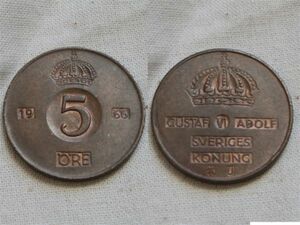 【スウェーデン】 5オーレ 1966年 グスタフ6世 ブロンズ銅貨　