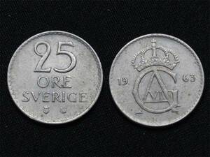 【スウェーデン】 25オーレ 1963年 グスタフ6世アドルフ 白銅貨