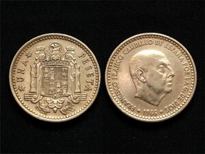 【スペイン】 1ペセタ 1966年 2期肖像デザイン 初年 アルミニウム青銅貨 フランシスコ・フランコ　ヨハネの鷲　国章　フランコ独裁