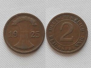 【ドイツ】 2ペニヒ 1925年 G ヴァイマル共和政 ブロンズ　銅貨　麦