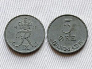 【デンマーク】 5オーレ 1957年 ORE フレゼリク9世 亜鉛貨
