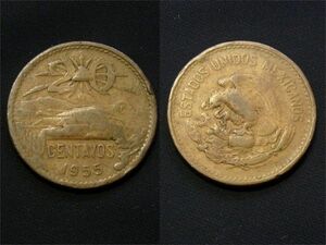 【メキシコ】 20センタボス 1955年 鷲 ヘビ サボテン 銅貨