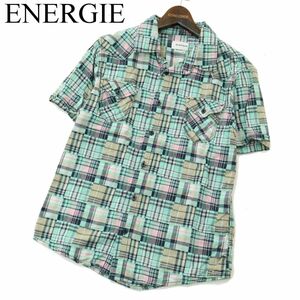 ENERGIE エナジー 春夏 パッチワーク風★ 半袖 ウエスタン ガーゼ チェック シャツ Sz.M　メンズ　A3T03374_4#A