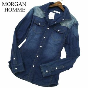 【新品 未使用】 MORGAN HOMME モルガン オム ケーブル ニット切替★ USED加工 長袖 デニム ウエスタン シャツ Sz.S　メンズ　A3T03813_4#C