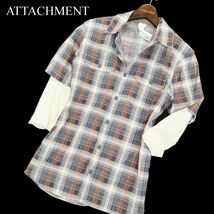 ATTACHMENT アタッチメント 7分袖 カットソー レイヤード風★ 麻 リネン混 ワーク チェック シャツ Sz.1　メンズ 日本製　A3T04231_4#A_画像1