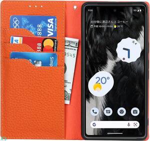 オレンジ シンプル 手帳型 上質 牛革 本革 レザー 横置き google pixel 7a 全面保護 財布型 スタンド機能 カード収納 ケース カバー