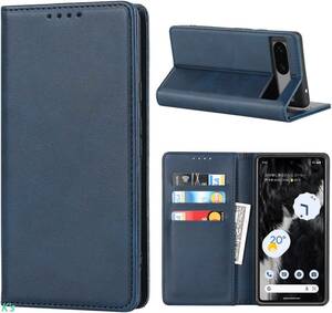 ブルー レトロ シンプル 手帳型 上質 PUレザー 横置き google pixel 7a 全面保護 財布型 スタンド機能 カード収納 ケース カバー