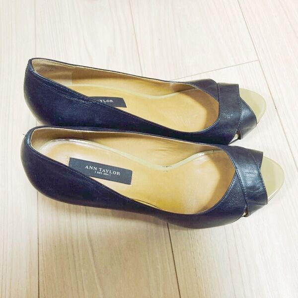 【未使用】Ann Taylor アンテイラー オープントウ パンプス サンダル 黒 本革 US7.5 24.5cm 11cmヒール