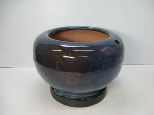 金魚鉢 火鉢 メダカ鉢 陶器 藍 直径40cm 古民家 昭和レトロ 現状品