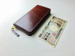 【手縫】コンパクトラウンドジップチョコ色本革長財布（小銭入れ内蔵タイプ）一万円札を折らずに入る最小長財布を制作しました。
