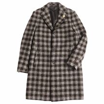 極美品●LARDINI ラルディーニ ツイードウール ブートニエール 厚手 チェック柄 ロングコート/チェスターコート ブラウン系 44 伊製 正規品_画像1